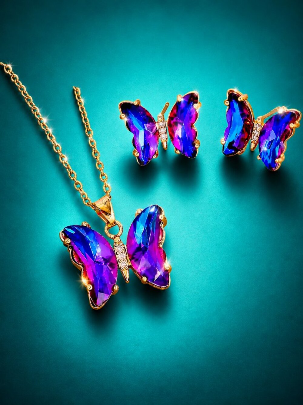 Butterfly Necklace & Earrings Jewelry Gift Set - Purple Cubic Zirconia